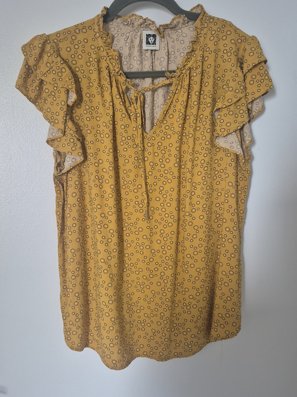 Anne Klein Mustard Yellow Floral Ruffle Sleeve Keyneck Blouse